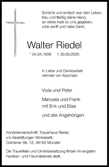Anzeige von Walter Riedel von Westfälische Nachrichten