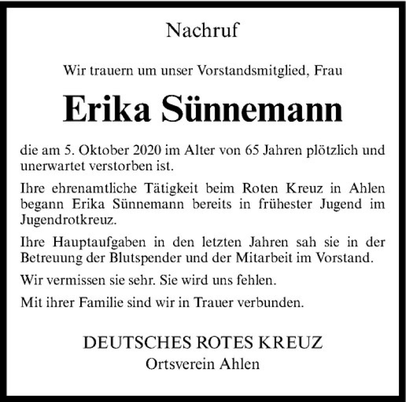  Traueranzeige für Erika Sünnemann vom 17.10.2020 aus Westfälische Nachrichten