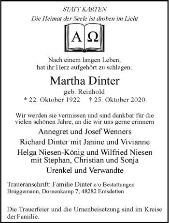 Anzeige von Martha Dinter von Westfälische Nachrichten