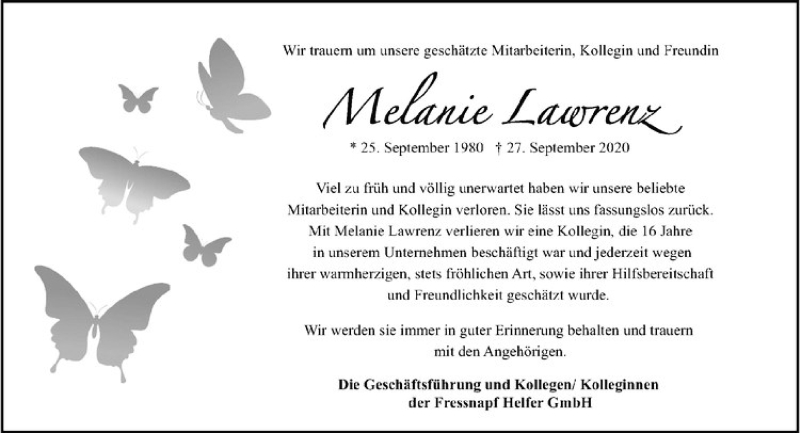  Traueranzeige für Melanie Lawrenz vom 03.10.2020 aus Westfälische Nachrichten