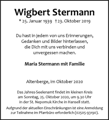 Anzeige von Wigbert Stermann von Westfälische Nachrichten