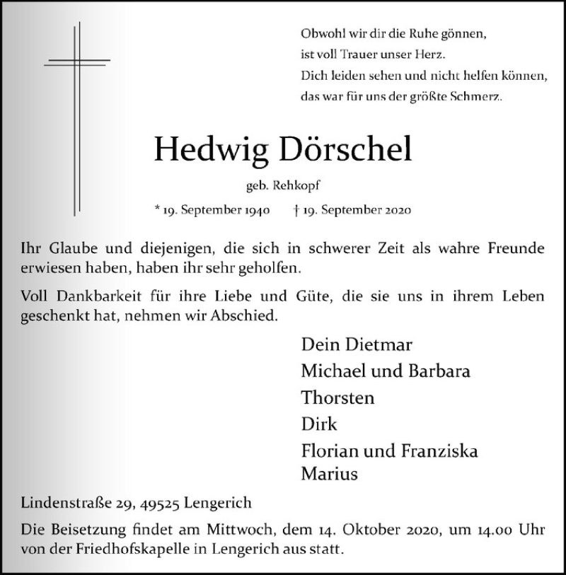  Traueranzeige für Hedwig Dörschel vom 10.10.2020 aus Westfälische Nachrichten