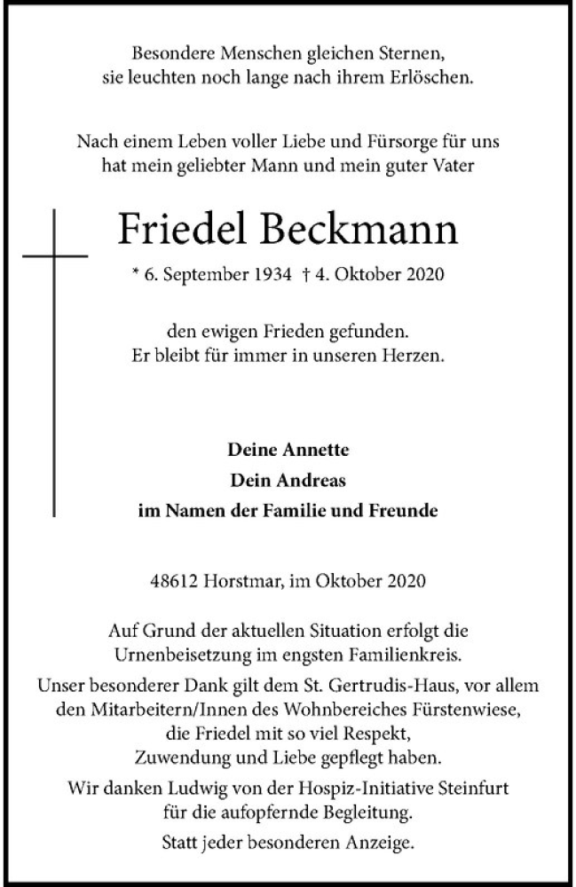  Traueranzeige für Friedel Beckmann vom 07.10.2020 aus Westfälische Nachrichten