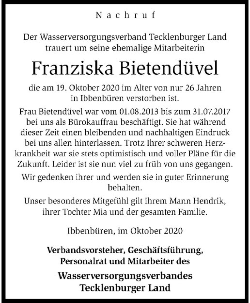  Traueranzeige für Franziska Bietendüvel vom 24.10.2020 aus Westfälische Nachrichten