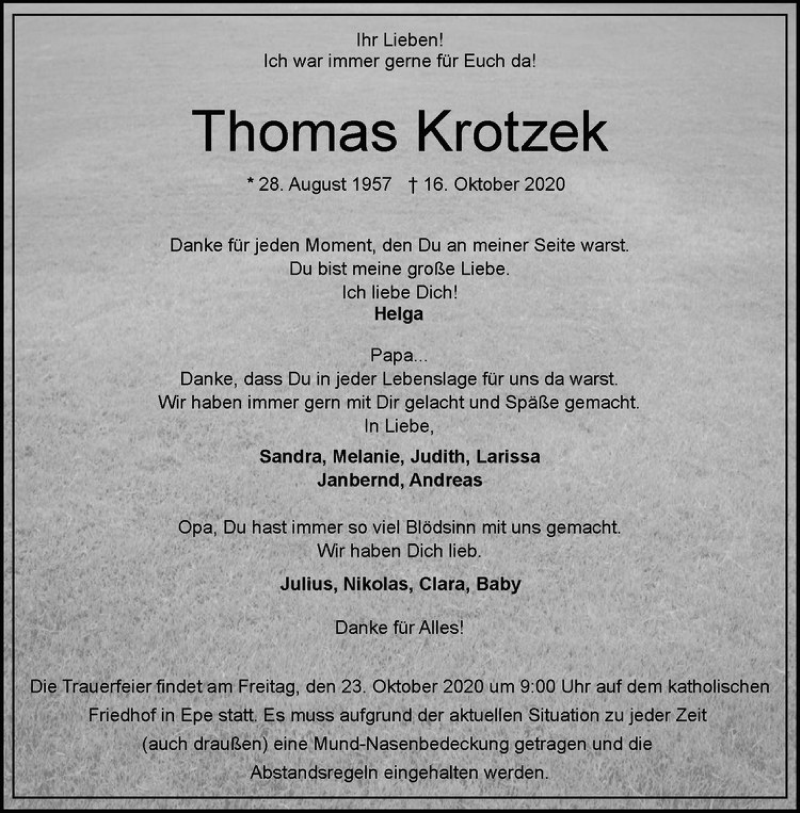  Traueranzeige für Thomas Krotzek vom 21.10.2020 aus Westfälische Nachrichten