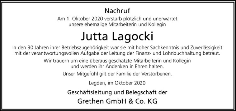  Traueranzeige für Jutta Lagocki vom 17.10.2020 aus Westfälische Nachrichten