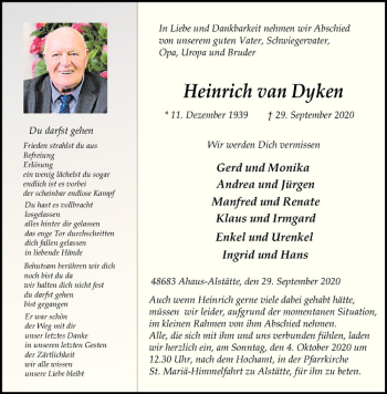 Anzeige von Heinrich van Dyken von Westfälische Nachrichten