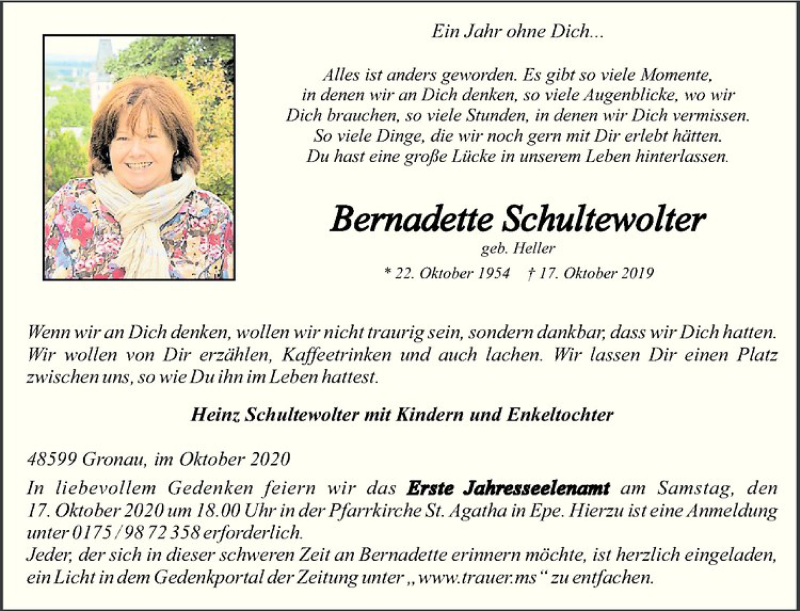  Traueranzeige für Bernadette Schultewolter vom 03.10.2020 aus Westfälische Nachrichten