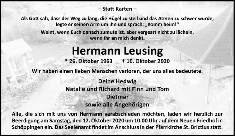  Traueranzeige für Hermann Leusing vom 14.10.2020 aus Westfälische Nachrichten