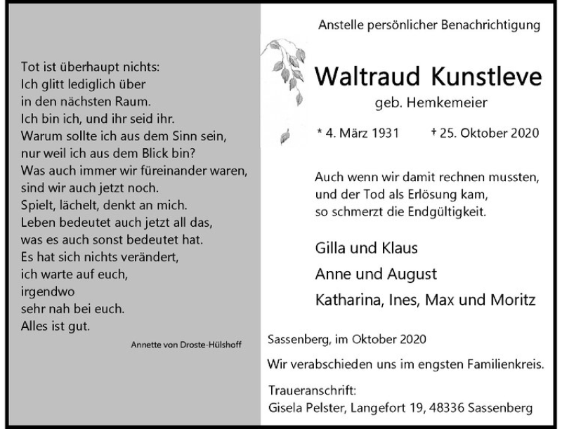  Traueranzeige für Waltraud Kunstleve vom 28.10.2020 aus Westfälische Nachrichten