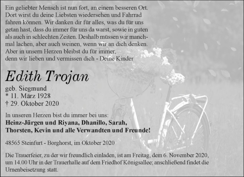  Traueranzeige für Edith Trojan vom 31.10.2020 aus Westfälische Nachrichten