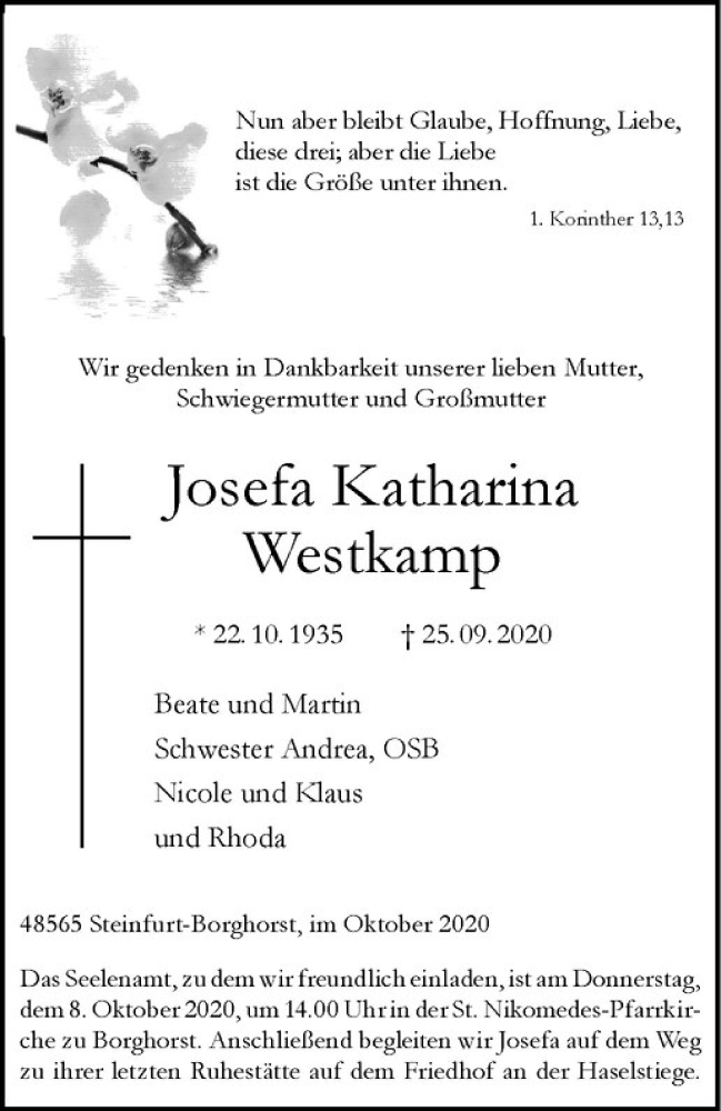  Traueranzeige für Josefa Katharina Westkamp vom 03.10.2020 aus Westfälische Nachrichten