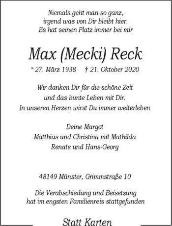 Anzeige von Max (Mecki) Reck von Westfälische Nachrichten