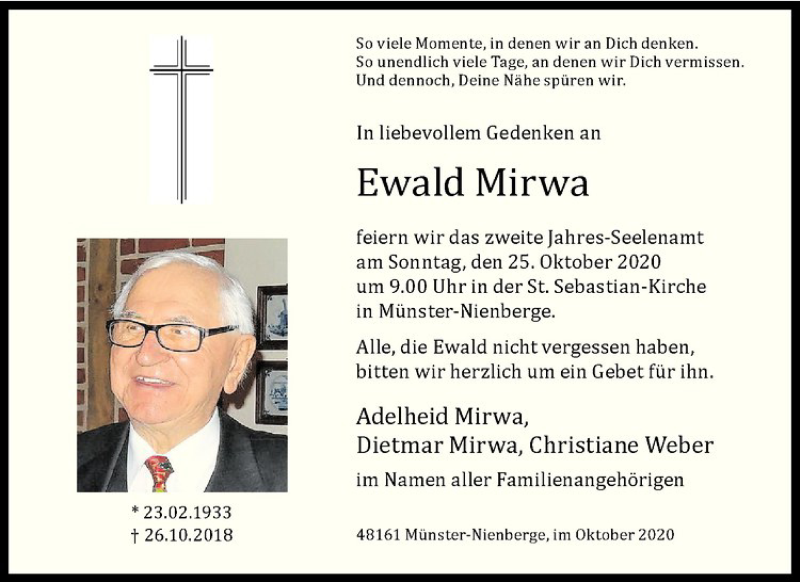  Traueranzeige für Ewald Mirwa vom 17.10.2020 aus Westfälische Nachrichten