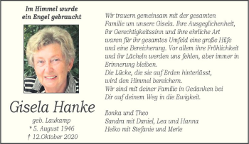 Anzeige von Gisela Hanke von Westfälische Nachrichten
