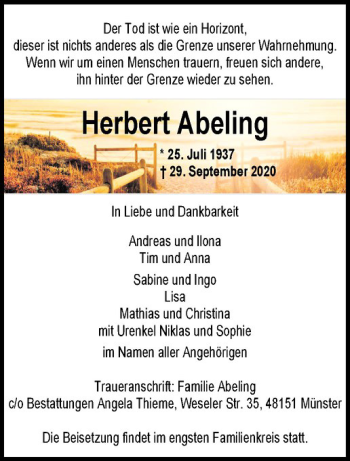 Anzeige von Herbert Abeling von Westfälische Nachrichten