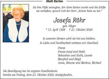 Anzeige von Josefa Röhr von Westfälische Nachrichten