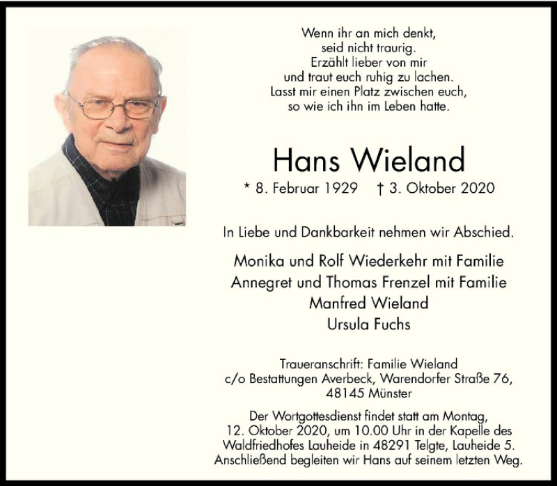  Traueranzeige für Hans Wieland vom 07.10.2020 aus Westfälische Nachrichten