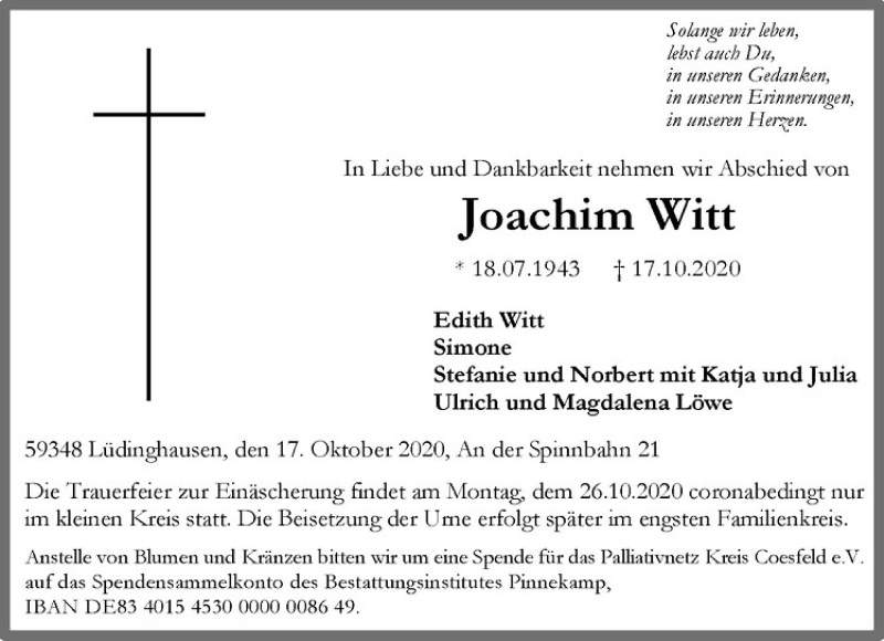  Traueranzeige für Joachim Witt vom 21.10.2020 aus Westfälische Nachrichten