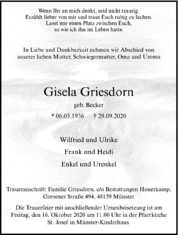 Anzeige von Gisela Griesdorn von Westfälische Nachrichten