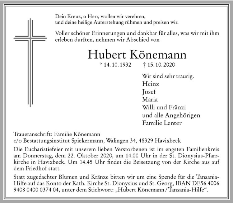  Traueranzeige für Hubert Könemann vom 20.10.2020 aus Westfälische Nachrichten