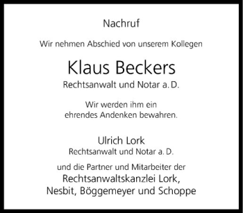 Anzeige von Klaus Beckers von Westfälische Nachrichten