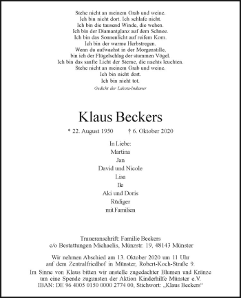 Anzeige von Klaus Beckers von Westfälische Nachrichten