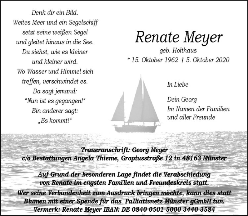  Traueranzeige für Renate Meyer vom 10.10.2020 aus Westfälische Nachrichten