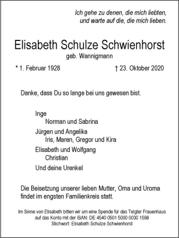 Anzeige von Elisabeth Schulze Schwienhorst von Westfälische Nachrichten