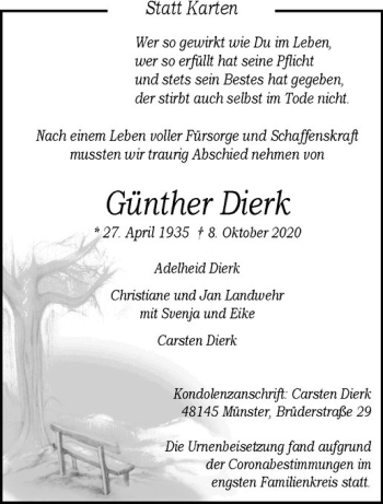 Anzeige von Günther Dierk von Westfälische Nachrichten
