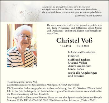 Anzeige von Christel Voß von Westfälische Nachrichten