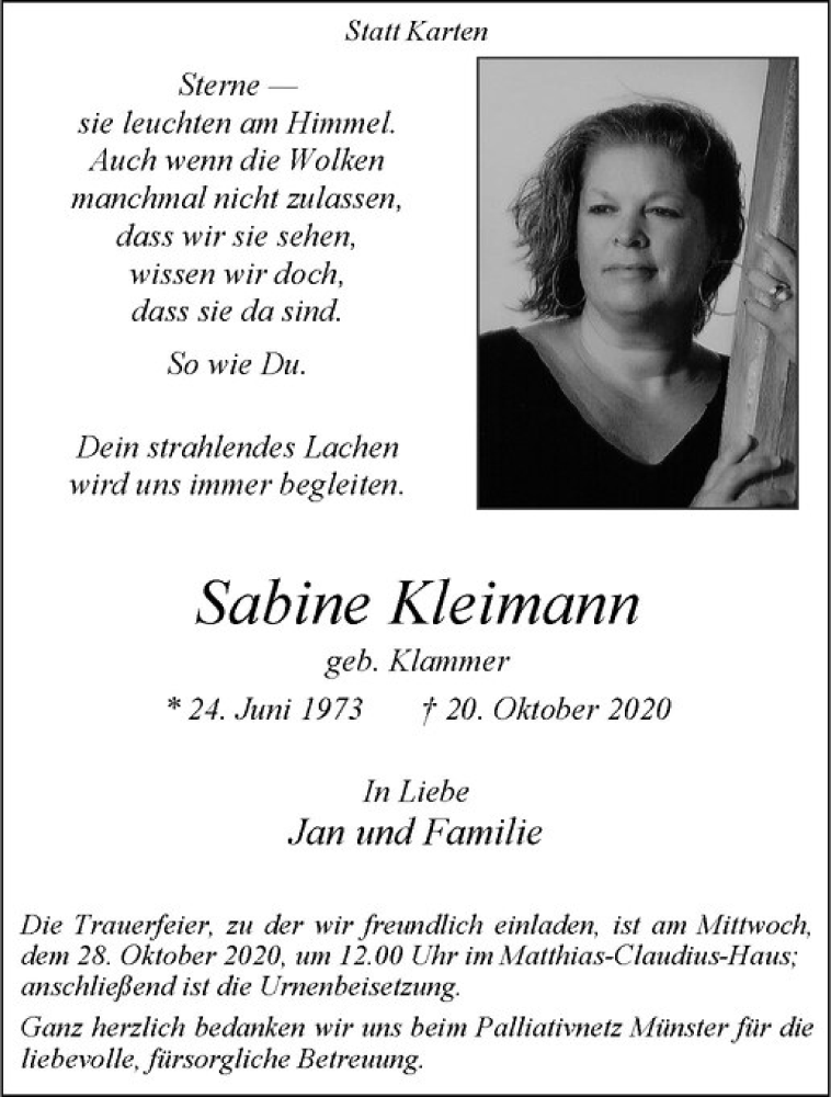  Traueranzeige für Sabine Kleimann vom 23.10.2020 aus Westfälische Nachrichten