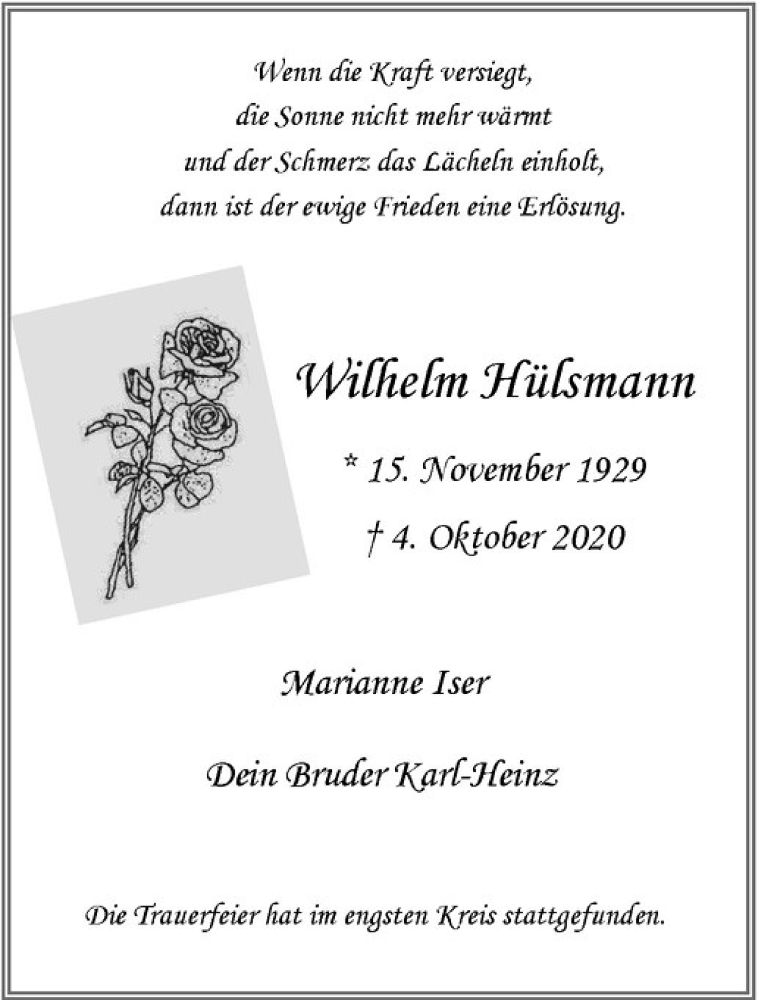  Traueranzeige für Wilhelm Hülsmann vom 21.10.2020 aus Westfälische Nachrichten