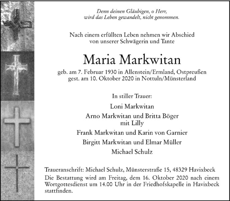  Traueranzeige für Maria Markwitan vom 14.10.2020 aus Westfälische Nachrichten