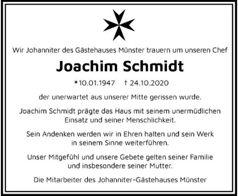  Traueranzeige für Joachim Schmidt vom 29.10.2020 aus Westfälische Nachrichten