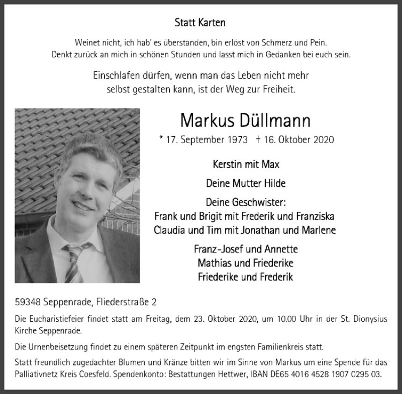  Traueranzeige für Markus Düllmann vom 20.10.2020 aus Westfälische Nachrichten