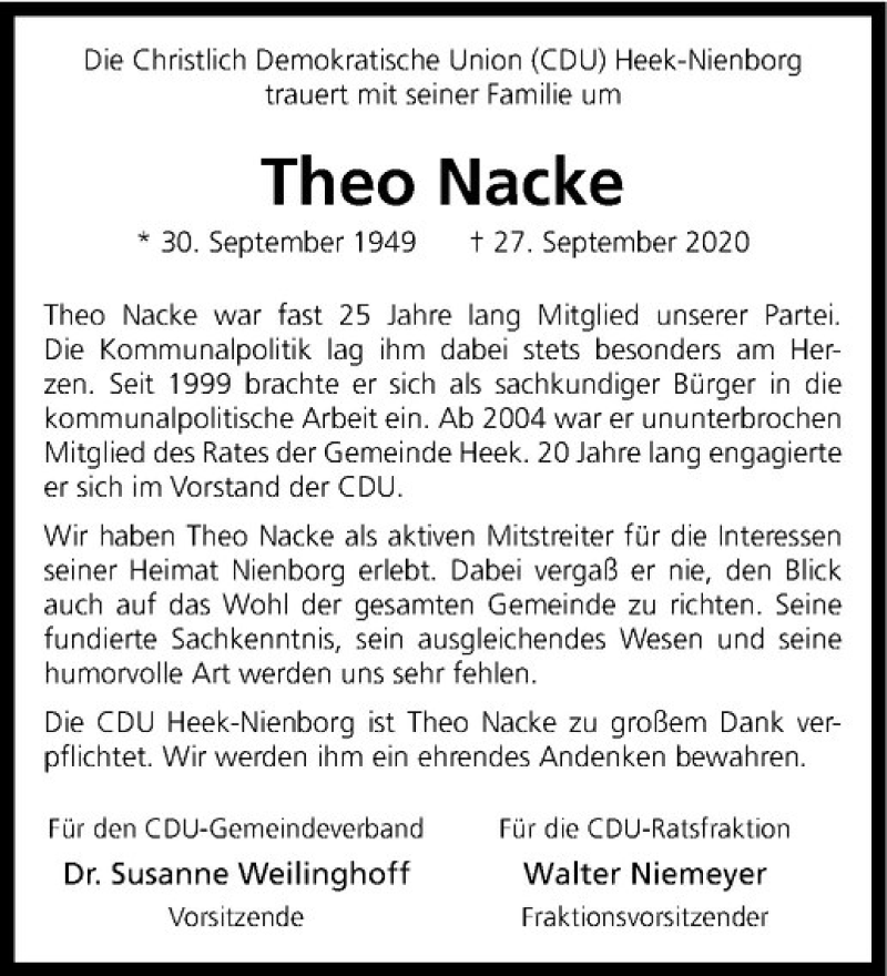  Traueranzeige für Theodor Nacke vom 01.10.2020 aus Westfälische Nachrichten