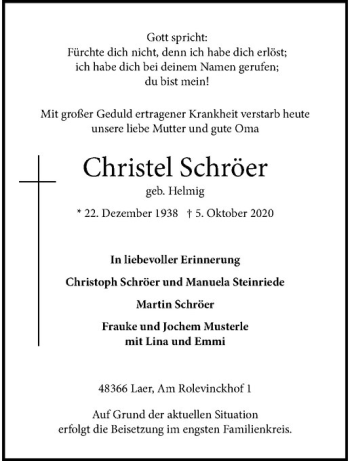 Anzeige von Christel Schröer von Westfälische Nachrichten