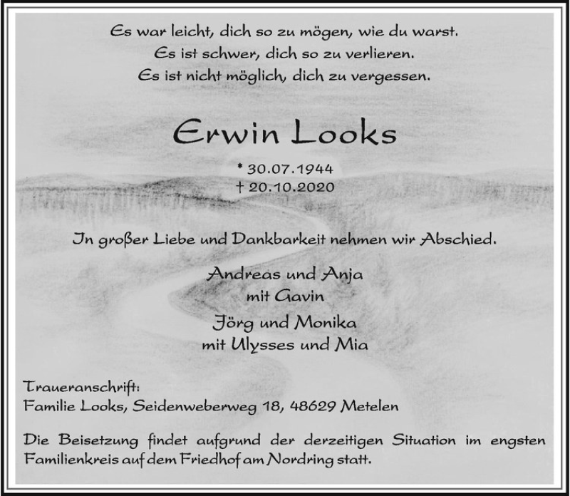  Traueranzeige für Erwin Looks vom 26.10.2020 aus Westfälische Nachrichten
