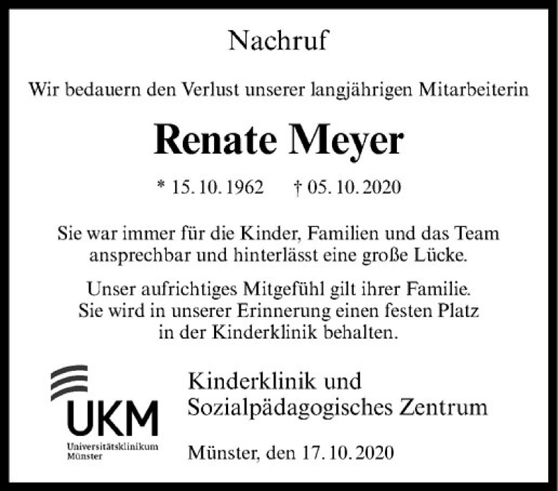  Traueranzeige für Renate Meyer vom 17.10.2020 aus Westfälische Nachrichten