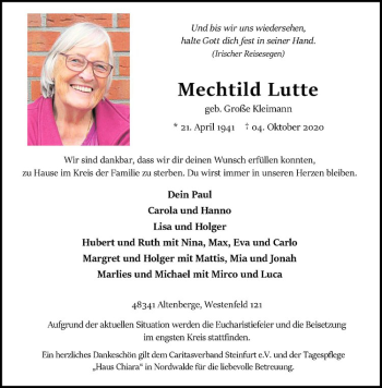 Anzeige von Mechtild Lutte von Westfälische Nachrichten