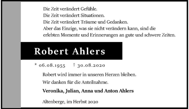  Traueranzeige für Robert Ahlers vom 10.10.2020 aus Westfälische Nachrichten