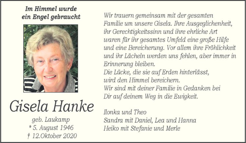  Traueranzeige für Gisela Hanke vom 17.10.2020 aus Westfälische Nachrichten