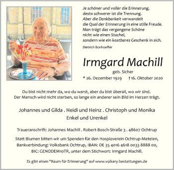 Anzeige von Irmgard Machill von Westfälische Nachrichten