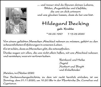 Anzeige von Hildegard Becking von Westfälische Nachrichten