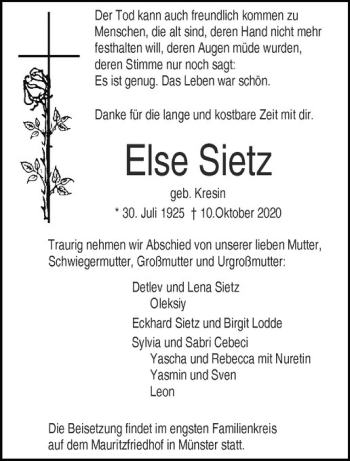 Anzeige von Else Sietz von Westfälische Nachrichten