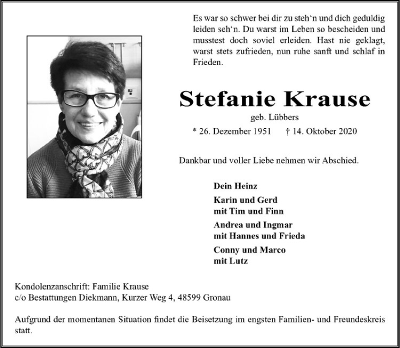  Traueranzeige für Stefanie Krause vom 17.10.2020 aus Westfälische Nachrichten