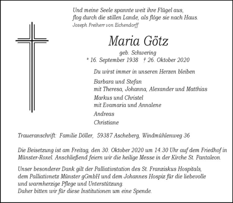  Traueranzeige für Maria Götz vom 29.10.2020 aus Westfälische Nachrichten