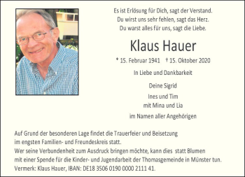Anzeige von Klaus Hauer von Westfälische Nachrichten