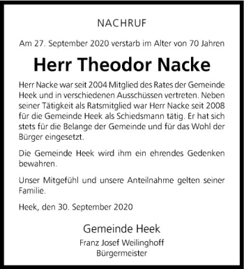 Anzeige von Theodor Nacke von Westfälische Nachrichten